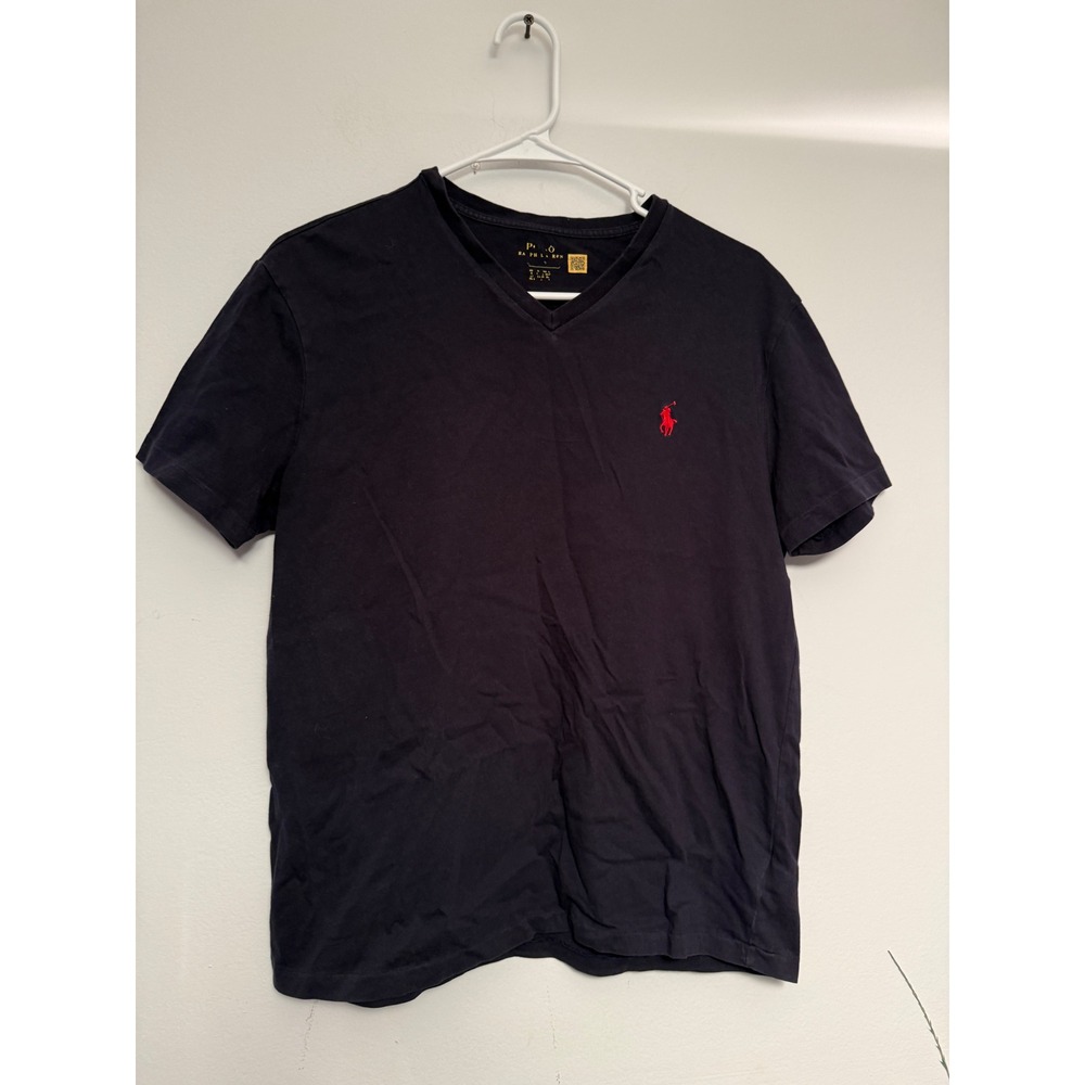 Polo Ralph Lauren Mens Navy Blue V-Neck T-Shirt Red Pony Logo Size M